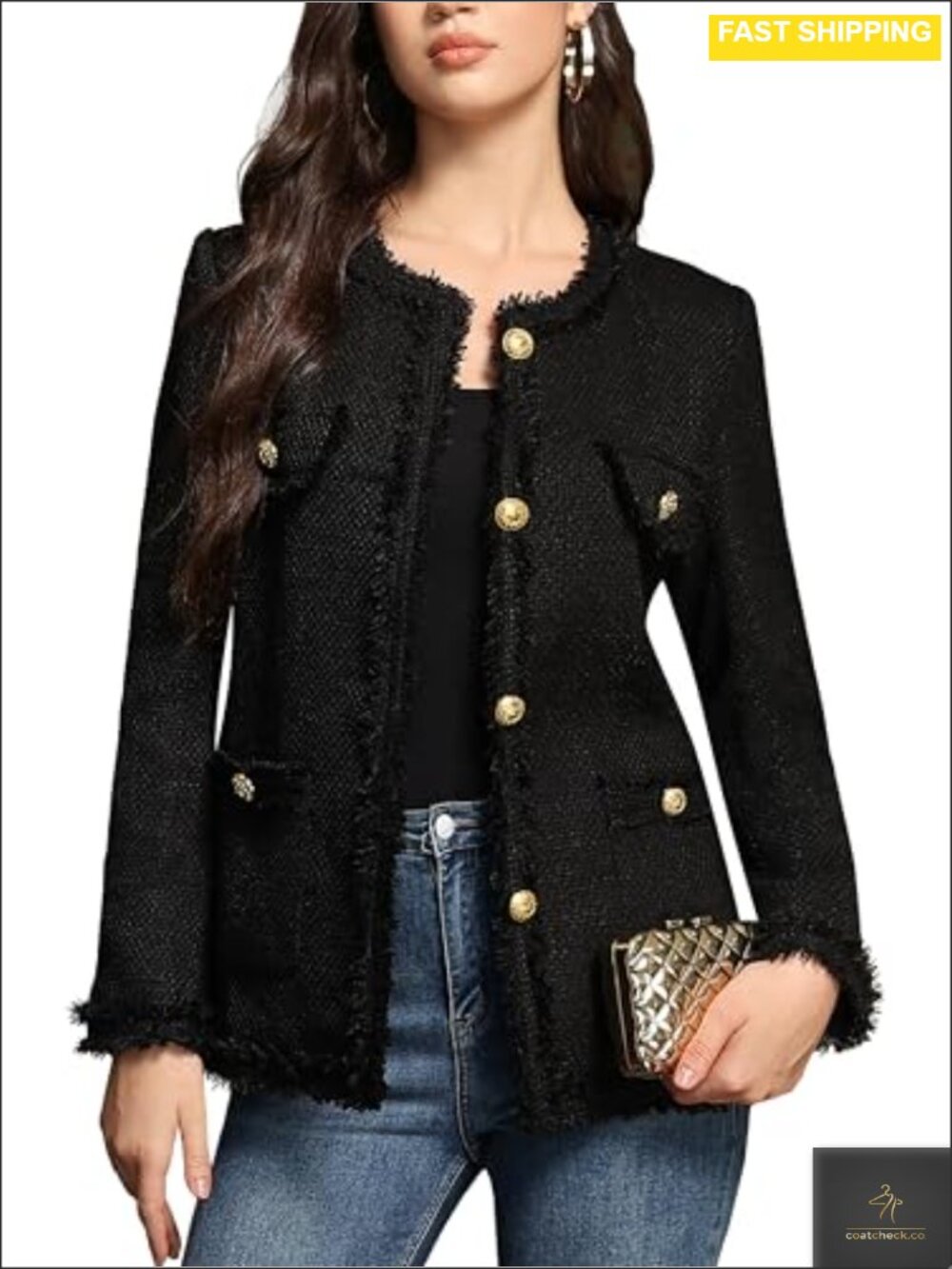 Women's Tweed Blazer Collarless Long Jacket with Pockets